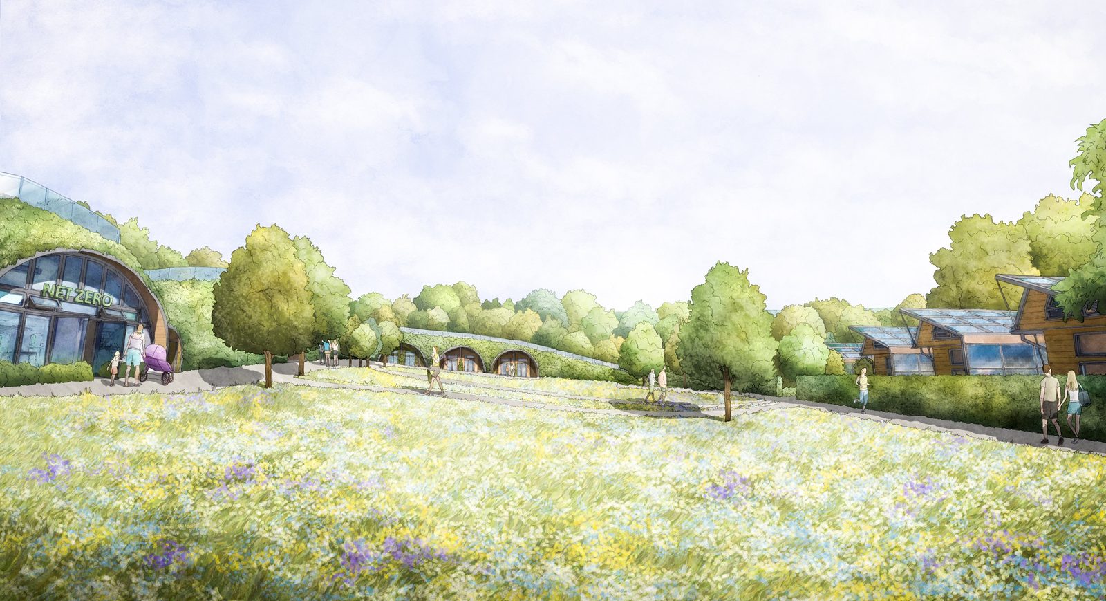 ReCharge One eco development viewed across a wildflower meadow, South Downs National Park