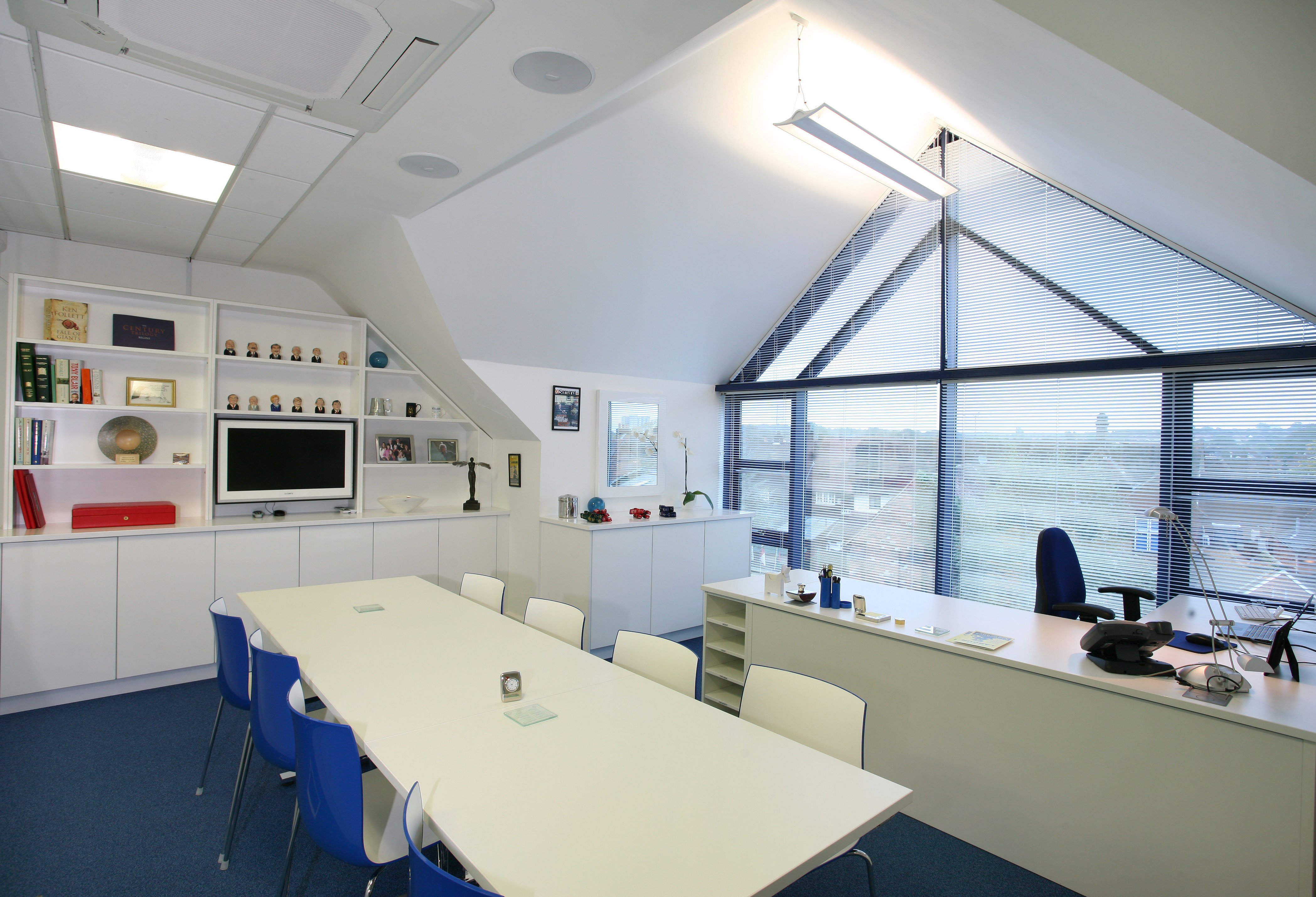 Private office refurbishment, London, desk and lighting