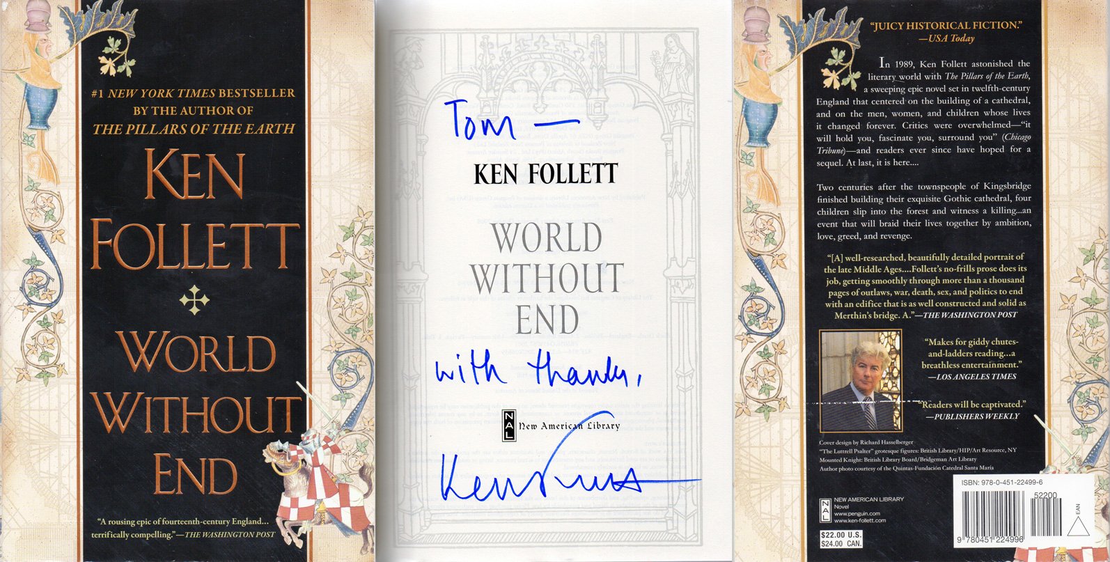 Ken Follett, signed book inscribed to Tom Dames