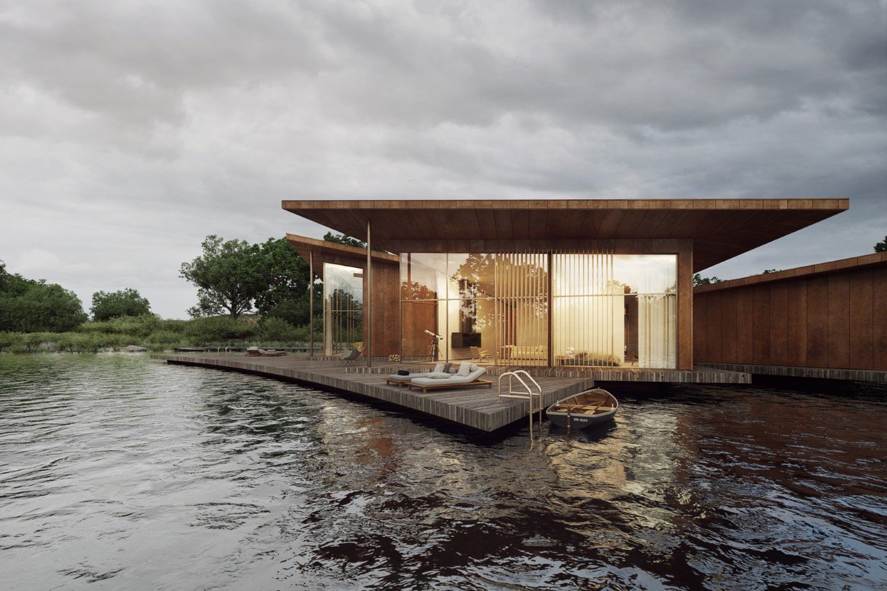 Water Lily House at dusk, reflected in the surrounding water