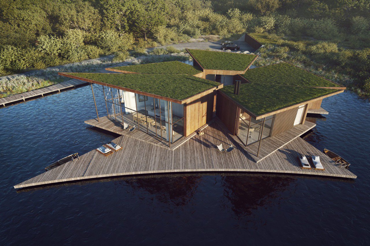 Aerial view of Water Lily House within the wider landscape